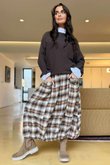 Roberta Plaid Brushed Cotton Balloon Hem Skirt Camel